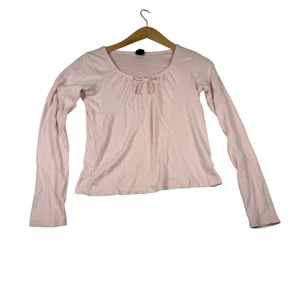 Art Class Girls XL 14 Pink Ribbed Long Sleeve Scoop Neck Bow Top NWT